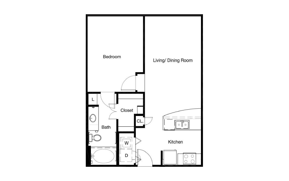 A0 - 1 bedroom floorplan layout with 1 bath and 673 to 721 square feet.