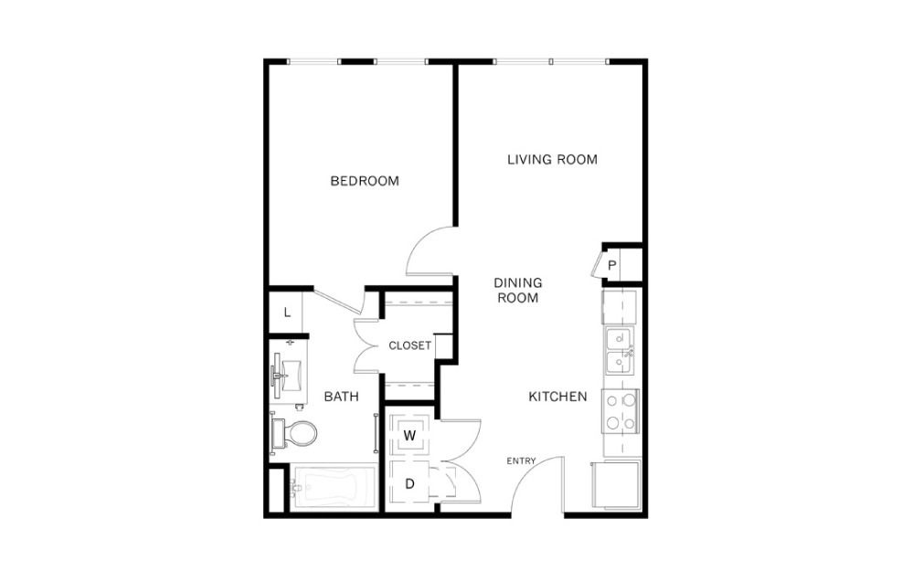 A1 - 1 bedroom floorplan layout with 1 bath and 604 to 648 square feet.