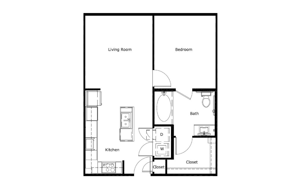 A1C-HC - 1 bedroom floorplan layout with 1 bath and 702 square feet.