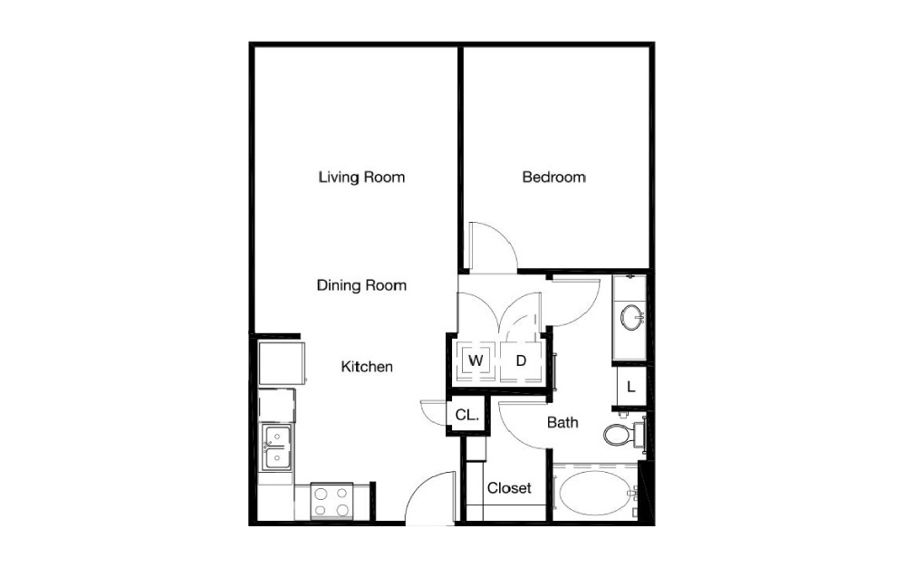 A1C - 1 bedroom floorplan layout with 1 bath and 702 to 716 square feet.