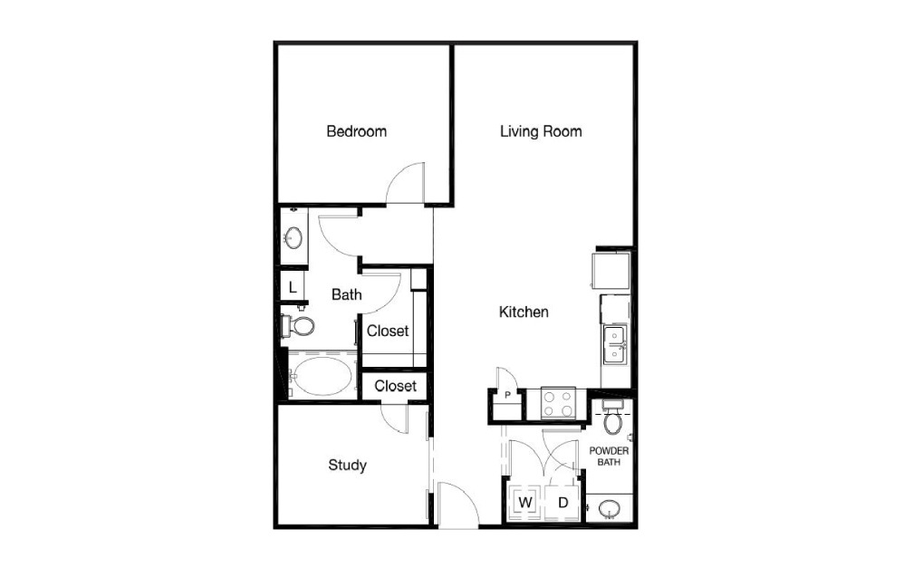 A2 - 1 bedroom floorplan layout with 1.5 bath and 908 to 925 square feet.