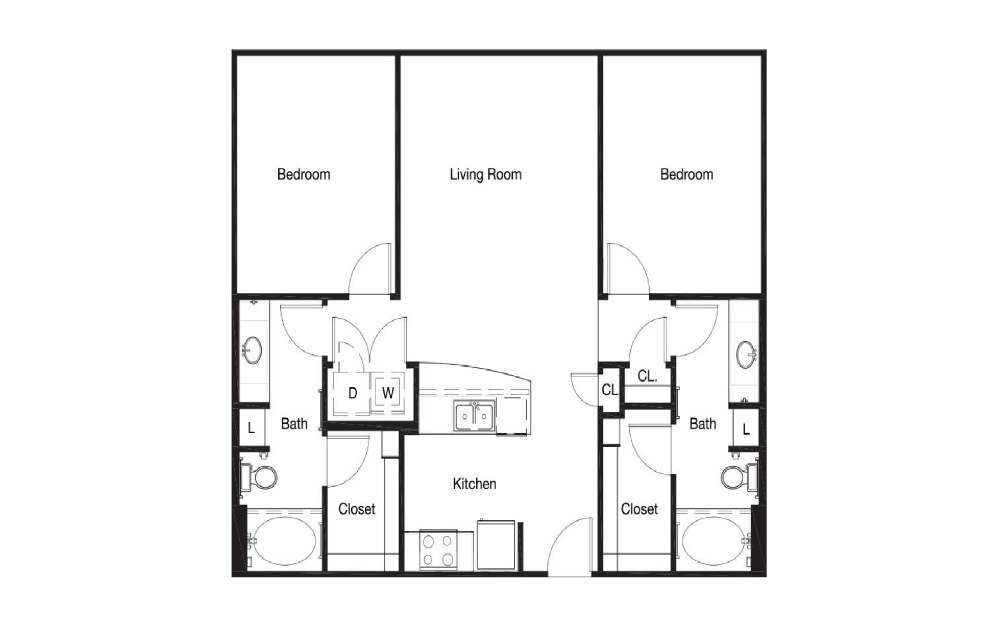 B1-ALT - 2 bedroom floorplan layout with 2 baths and 1051 to 1085 square feet.