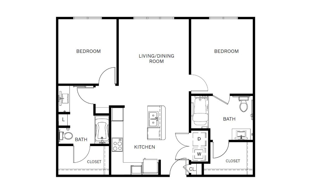 B1-HC - 2 bedroom floorplan layout with 2 baths and 1051 square feet.