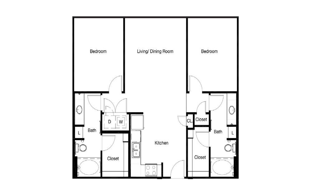 B1 - 2 bedroom floorplan layout with 2 baths and 1051 to 1085 square feet.
