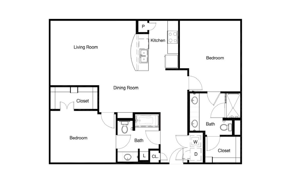 B2 - 2 bedroom floorplan layout with 2 baths and 1115 to 1338 square feet.