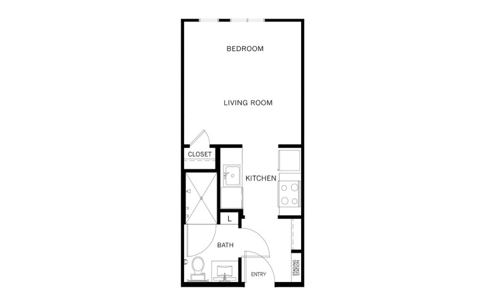 E1 - Studio floorplan layout with 1 bath and 324 to 348 square feet.